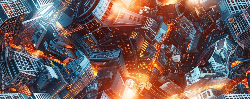 Poster capture a mesmerizing aerial view of a bustling cityscape blending futuristic technologies with anci