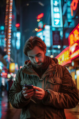 Fototapeta premium Caucasian man using mobile phone at night on city street.