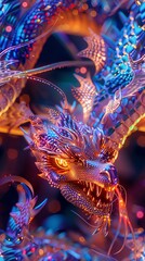 Capture a mesmerizing close-up of a majestic dragon intertwined with holographic circuits, highlighting intricate scales reflecting neon lights