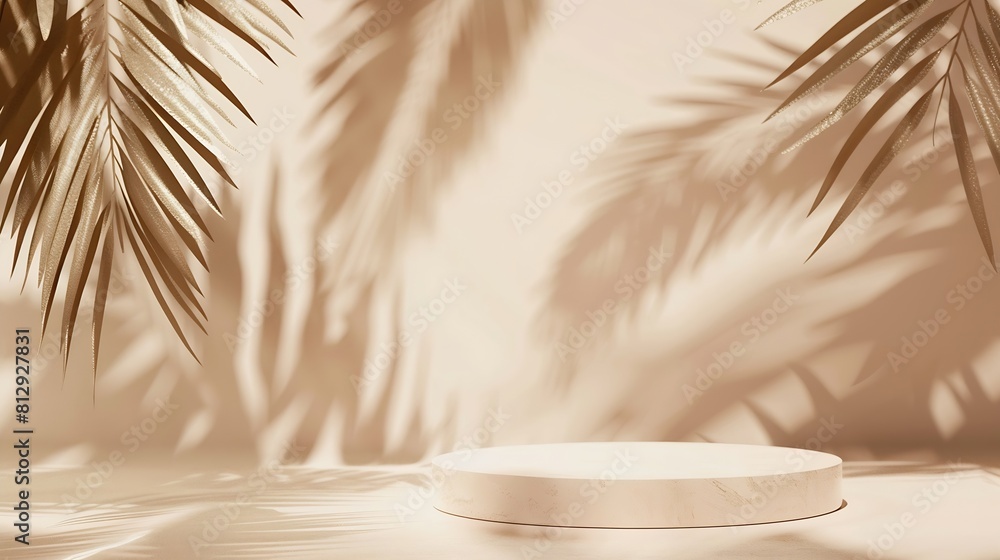 Aufkleber beige pastel background for product presentation with shadow tropical palm leaves and light podium s