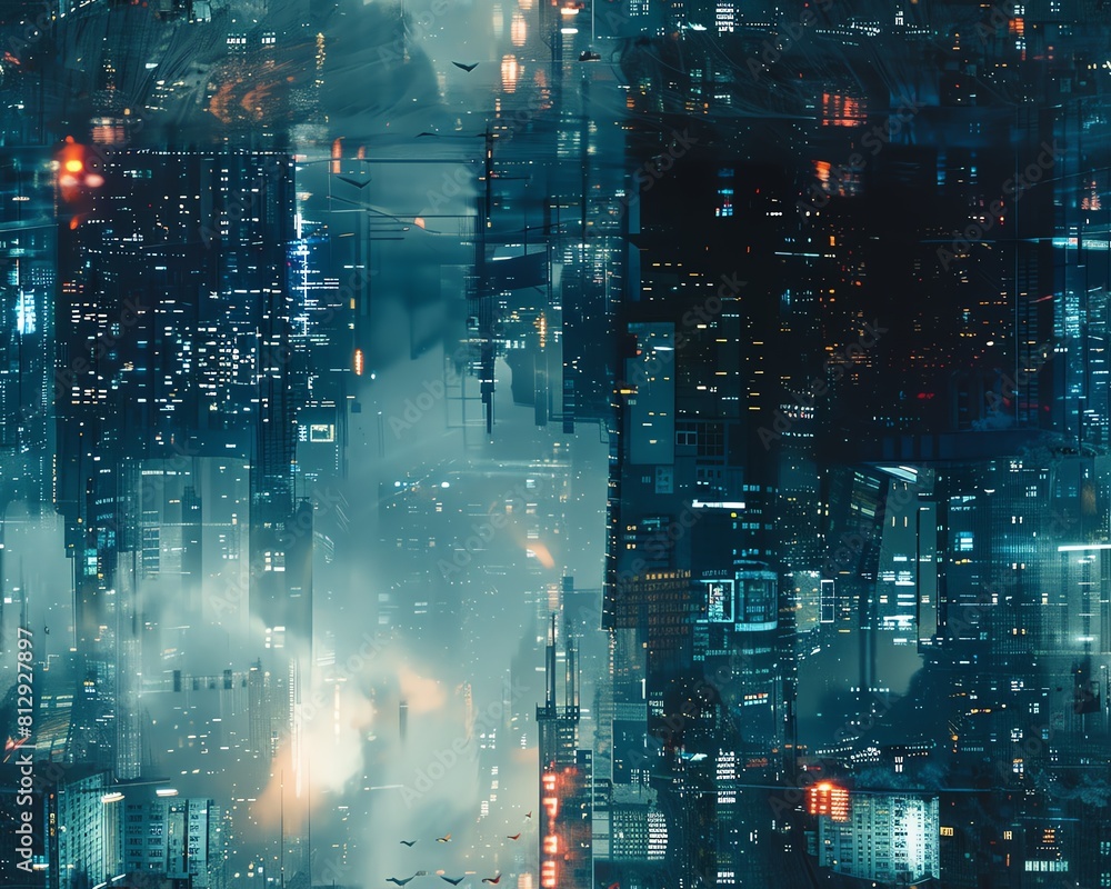 Poster capture a side view of a digitized cityscape depicting dystopian visions infuse psychological concep