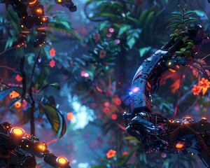 Capture a robotic arm soaring above a lush jungle, framing a neon-painted toucan from below, blending realistic details with dreamlike hues in CG 3D