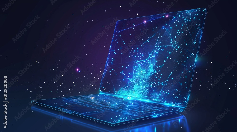 Poster a polygonal illustration showcases a notebook in a low-poly wireframe starry sky and cosmos style, e
