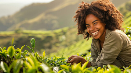 Smiling African female worker with curly hair picking Kenyan tea at a tea plantation. Copy space.