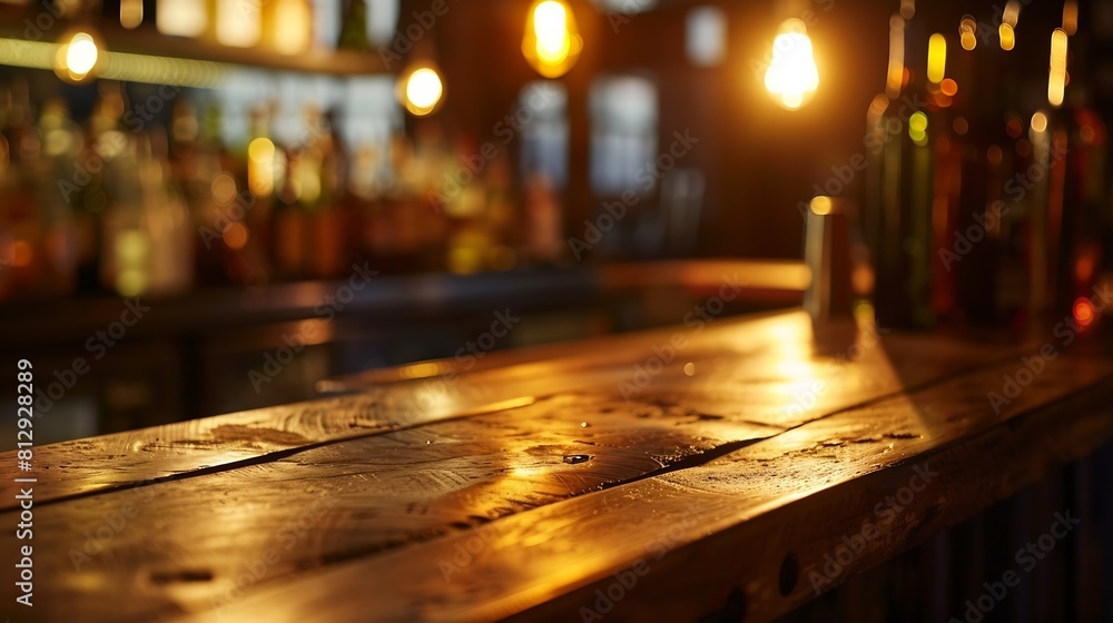 Fototapete empty wooden bar counter with defocused background and bottles of restaurant bar or cafeteria backgr