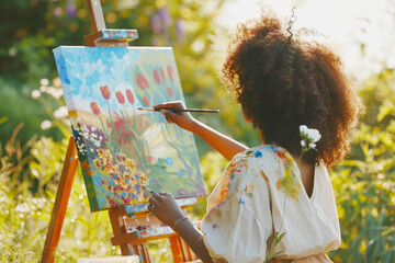 Black African American woman painting a picture of flowers in the spring garden. Art, creativity and inspiration concept.