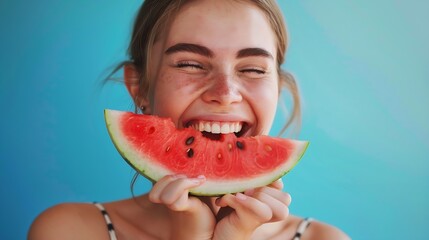 portrait happy young woman is holding slice of watermelon over colorful blue background : Generative AI