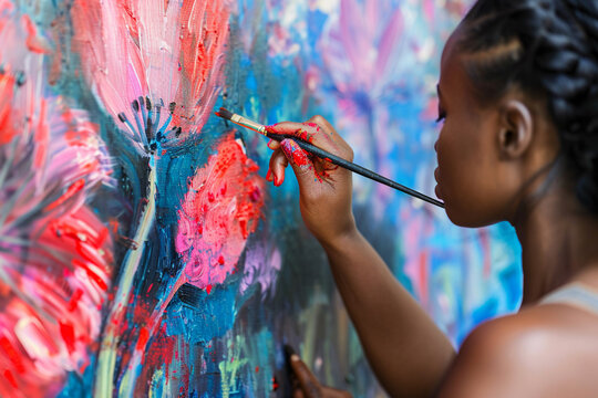 African American female artist paints a picture of red tulips on a blue canvas. Art, creativity and inspiration concept.
