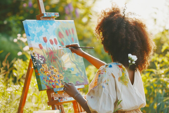 Black African American woman painting a picture of flowers in the spring garden. Art, creativity and inspiration concept.