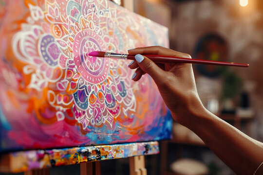African American female artist hand with brush painting a pink orange mandala in artwork studio. Art, creativity and inspiration concept.