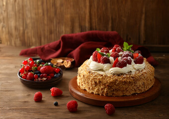 sponge cake with berries and whipped cream dessert