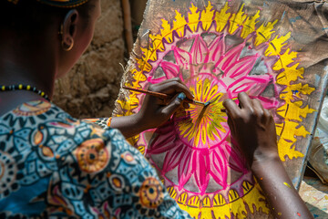 Black African American woman painting a pink yellow mandala on a canvas in artwork studio. Art, creativity and inspiration concept.