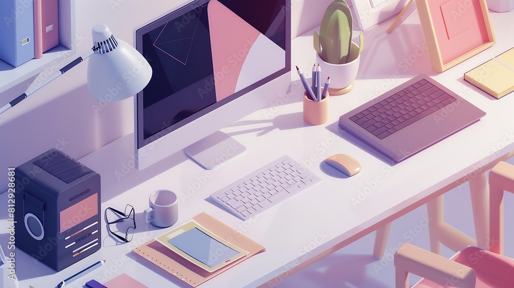 Leinwandbilder Isometric web design studio desk with computer display laptop and concept page layout : Generative AI