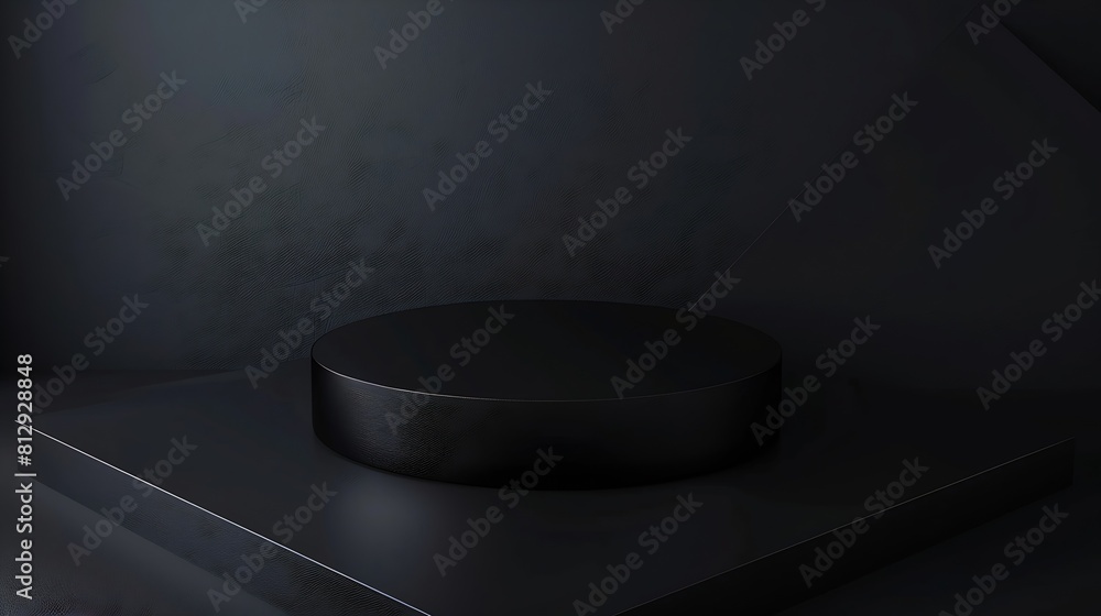 Poster Empty round geometric shape cylinder podium platform on paper cut abstract pure black minimal geometric shape background Top view mock up for product display : Generative AI