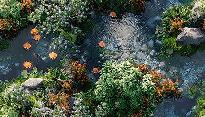 Craft a high-angle view of a serene garden scene