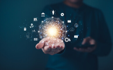 Technology data link search research optimize data on business solution..global app internet connection big data Digital link marketing Financial and banking network loop infinity endless community