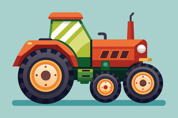 Obraz premium A green and red tractor stands out against a vibrant blue background, Farm tractor Customizable Disproportionate Illustration