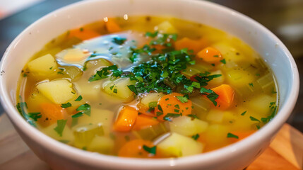 Delicious vegetable soup with fresh herb garnish, featuring colorful carrots, potatoes, and greens in a light broth