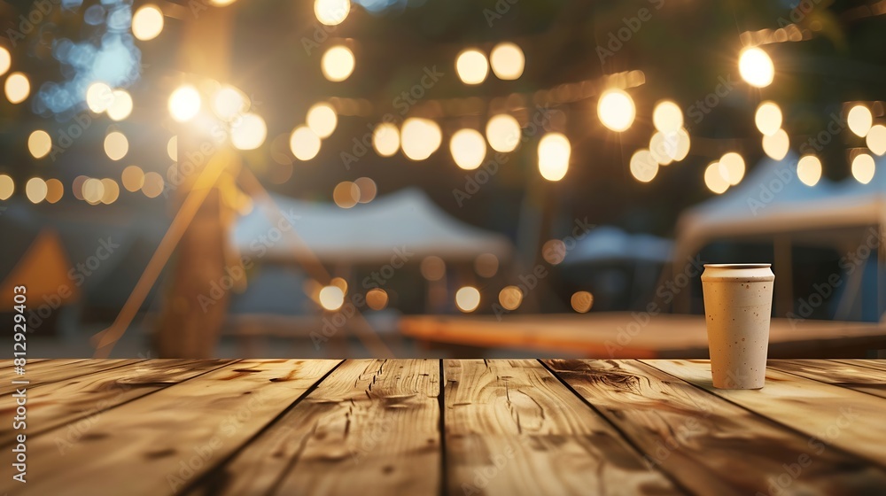 Poster wooden table top on blur tent camping travel tent at nightdrink and party conceptfor montage product