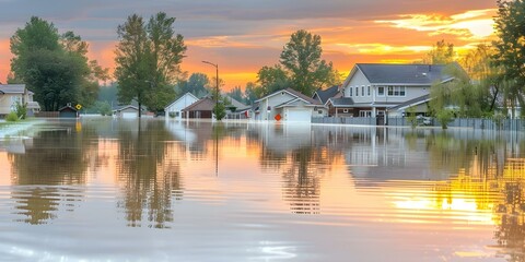 Reflective view of houses on a flooded residential street after heavy rain. Concept Natural Disaster, Flooding, Severe Weather, Storm Damage, Urban Environment