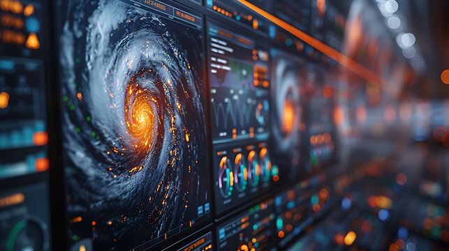 Close-up of a high-definition monitor displaying an interactive weather map with storm tracking and temperature zones, hyperrealistically depicted with crisp visuals.