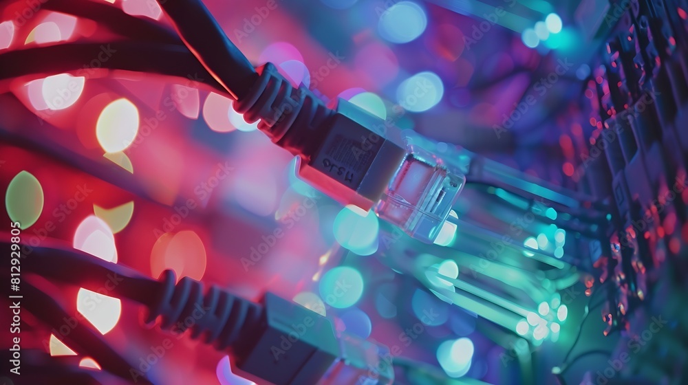 Poster Network cables and hub close up various ethernet cables plugged in network switch : Generative AI