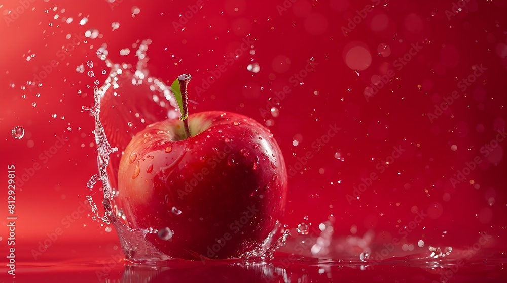 Poster creative layout made from fresh red apple fruit and water splashing on a red background : generative