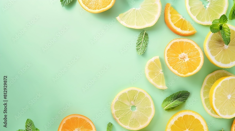 Aufkleber Citrus slices and mint herbs frame on retro mint pastel background with copyspace from above Top view of lemon and orange refreshment Summer fruit smoothie minimal banner design : Generative AI