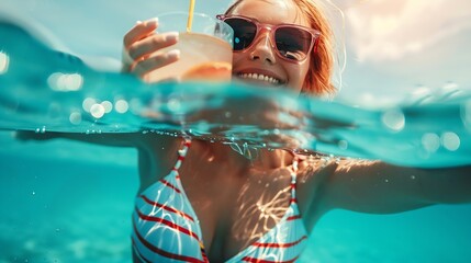 Summer lifestyle portrait of young stunning blonde girl Enjoying life smiling drinking cocktail in the turquoise sea Wearing stylish sunglasses stripes swimsuit Half over half under wa : Generative AI