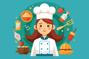 A female chef in a chefs hat stands surrounded by various food items, Female chef Customizable Flat Illustration