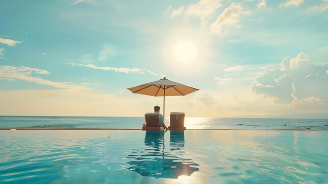 Relaxation holiday vacation of businessman take it easy happily resting on beach chair at swimming pool poolside beachfront resort hotel peacefully with sea or ocean view and summer su : Generative AI
