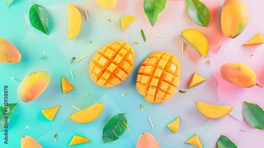 Poster creative layout made of mango on the watercolor background flat lay food concept : generative ai