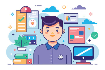 Fototapeta premium A man is standing in front of a computer, focusing on the screen, Fine Customizable Flat Illustration