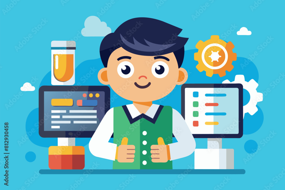 Poster a man stands in front of two monitors, possibly working or monitoring data, firmware customizable ca