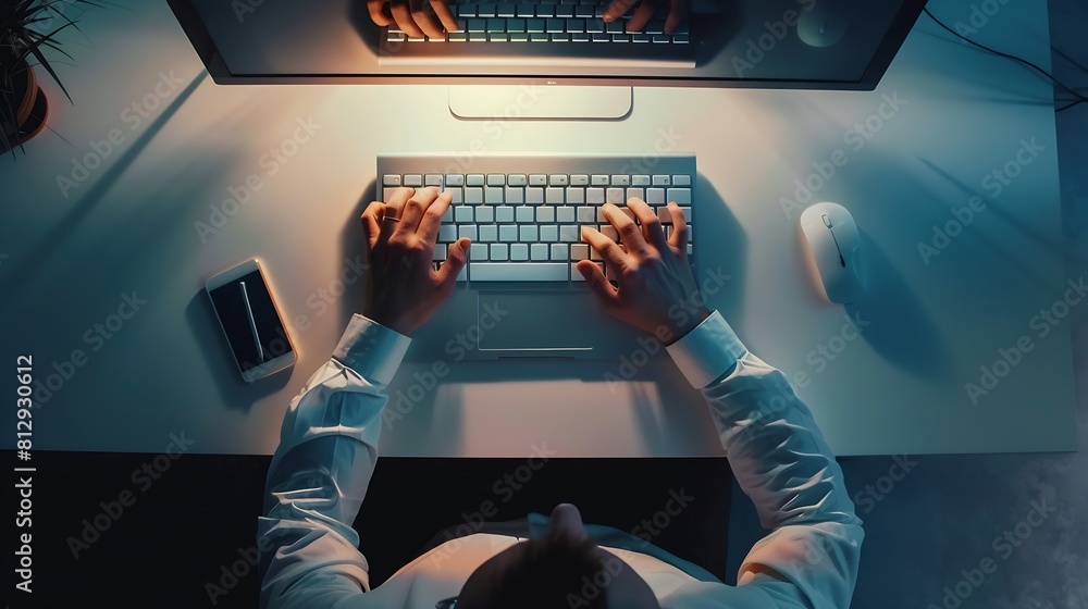 Leinwandbilder new jobs concept top view of a businessman using his work computer on a desk : generative ai