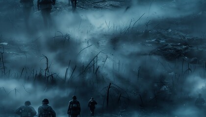 Illustrate a haunted battlefield from WWII with ghostly soldiers lurking in the mist Employ dynamic camera angles to evoke a sense of impending doom Enhance the realism with gritty