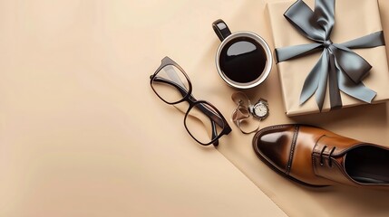Top view layout Honor Dads sophistication with leather shoes necktie wristwatch glasses belt giftbox with ribbon bow coffee cup mens accessories on a beige background : Generative AI - Powered by Adobe