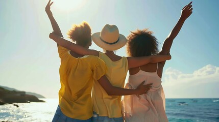 Rear view of multiracial friends embracing together looking at the ocean celebrating with arms up during vacation trip : Generative AI - Powered by Adobe