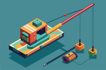 An illustration showing a crane lifting a piece of equipment with precision and strength, Fishing rod Customizable Isometric Illustration