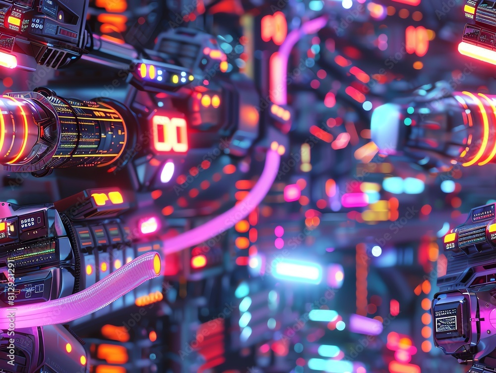 Poster immerse viewers in a sleek, rear-view shot of futuristic gadgets using vibrant cg 3d animation, feat