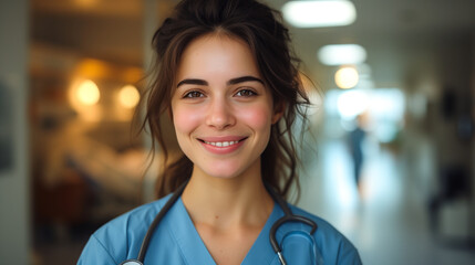 Obraz premium female nurse smiling warmly, radiating happiness and compassion in a hospital