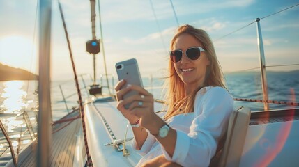 Luxury travel on the yacht Young happy woman using smartphone on boat deck sailing the sea Yachting...