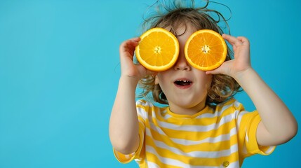 Happy child holding slices of orange fruit like sunglasses Kid wearing striped yellow tshirt against blue paper background Healthy eating and summer vacation concept : Generative AI