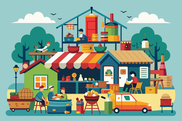 Fototapeta premium A vibrant illustration of a bustling market scene with a colorful house and numerous people around, Flea market Customizable Disproportionate Illustration