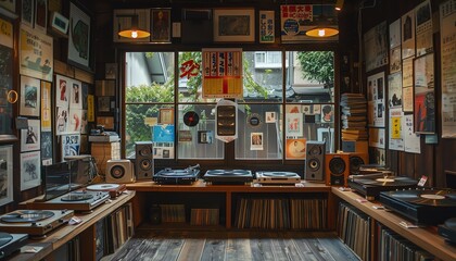 Vintage Japanese record shop with cozy listening stations, vinyl collections, and retro posters