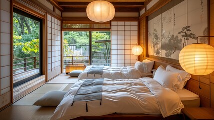 Traditional Japanese inn ryokan room with futons laid out, rice paper lanterns, and wood paneling