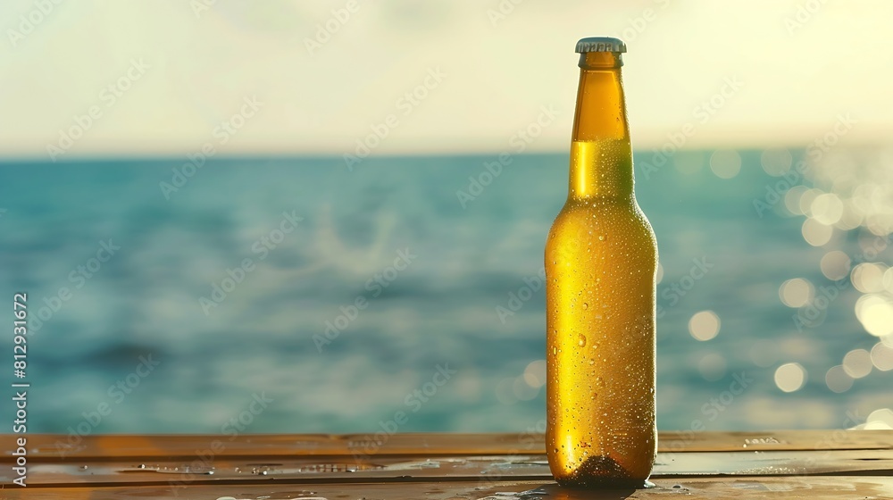 Poster opened bottle of beer with condensation on the wooden table blurred sparkling sea at the background 