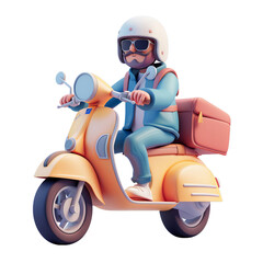 3D illustration of a delivery man riding a scooter, transparent background. isolated PNG
