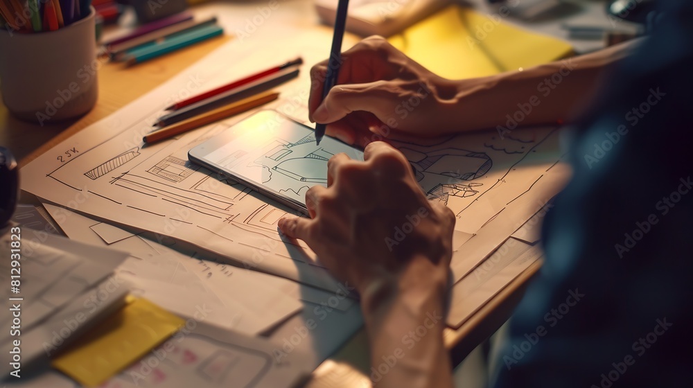 Poster Designer develop a mobile application usability and drawing its framework on a paper : Generative AI