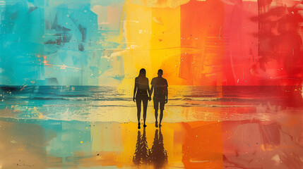 Abstract Ocean wavy Background with couples walking towards it.